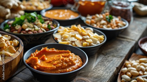Assortment of nuts and dips in bowls on wooden cutting board.