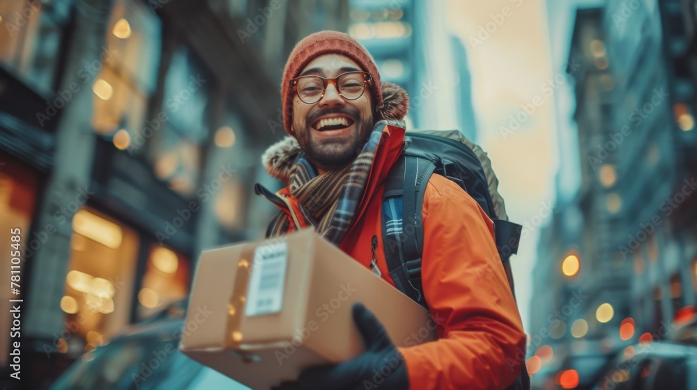 Smiling delivery man in an orange jacket and beanie holding a parcel on a city street.