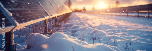 Snow-Covered Solar Panels at Sunset in Wintry Field