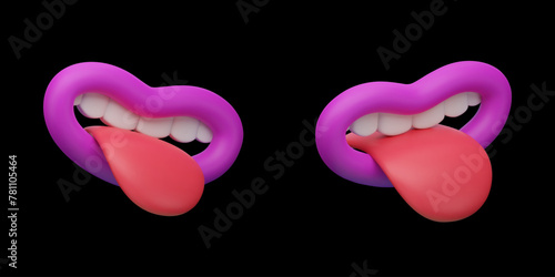 Bright pink 3D vector cartoon mouths with tongues hanging out from different angles on a black background.Design element