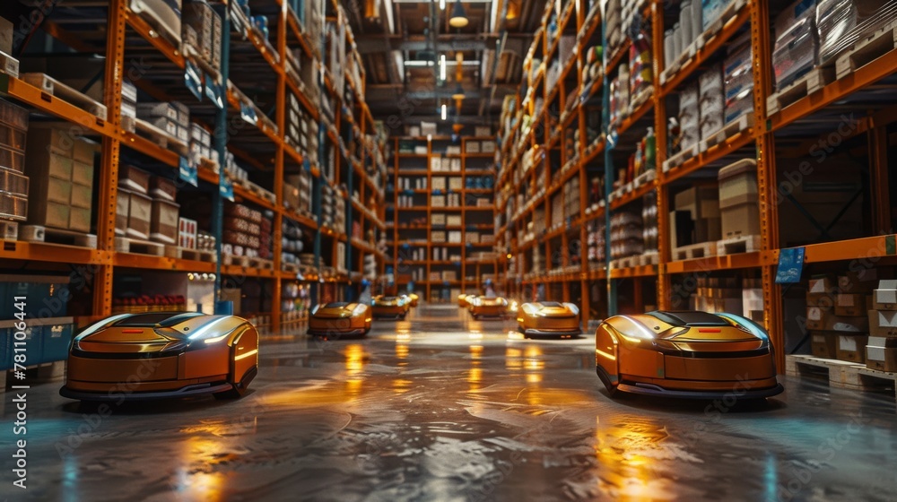 Autonomous robots navigating through aisles in a modern warehouse. Autonomous robots navigating through aisles in a modern warehouse.