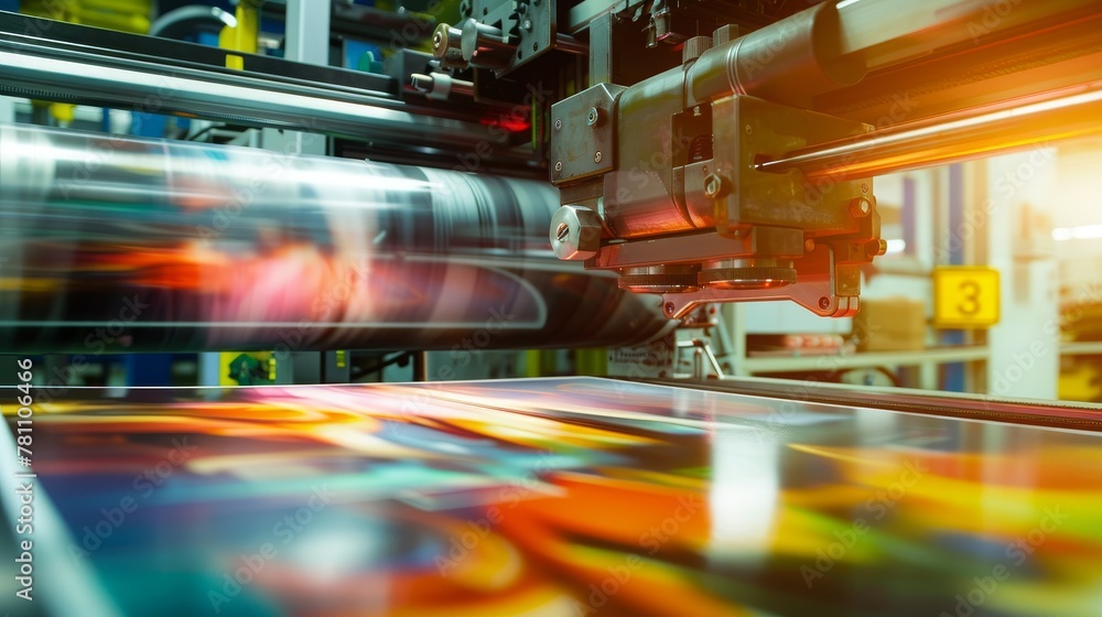 printing machine in action, producing high-quality prints. Ideal for use in advertising, publishing, and graphic design
