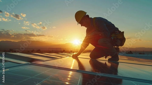 Worker installing solar photovoltaic panels at sunset photo