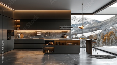 Luxury Mountain View Kitchen with Elegant Dark Tones