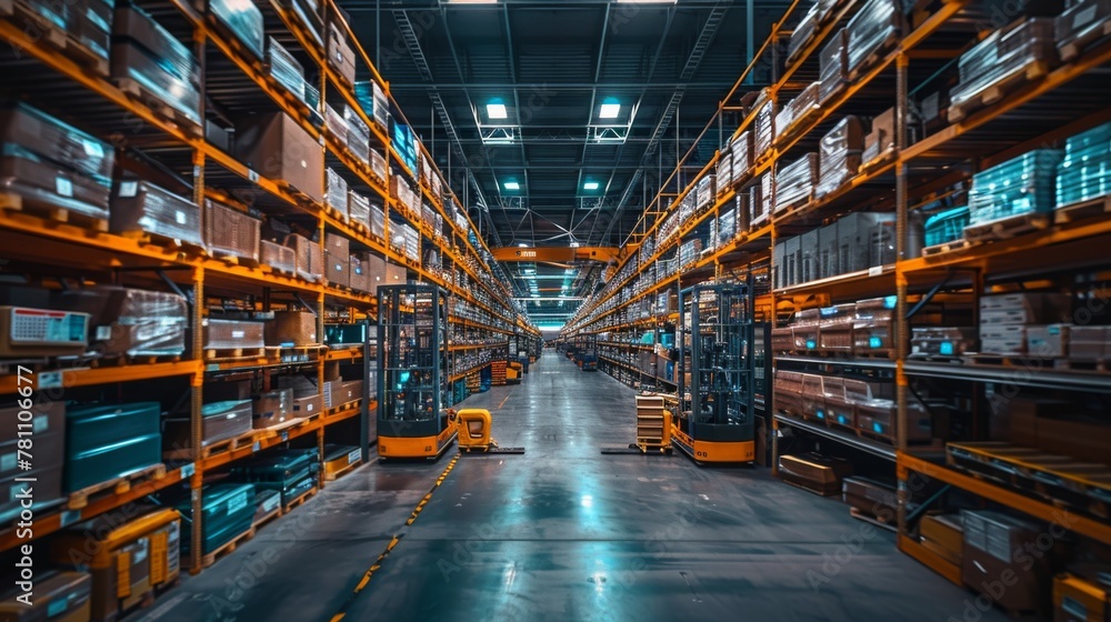 Autonomous robots navigating through aisles in a modern warehouse. Autonomous robots navigating through aisles in a modern warehouse.