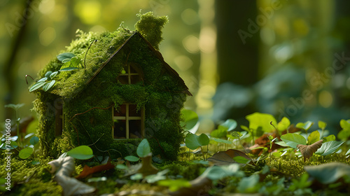 a small green house made of leaves with moss in forest, energy-charged, rusticcore, environmental awareness, trees , grass , green plants , blur background