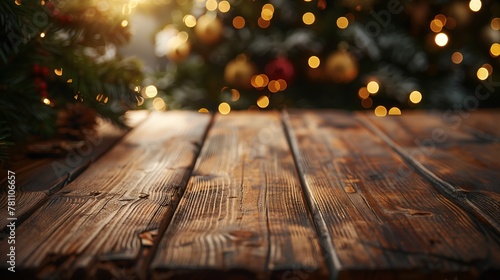 Rustic Wooden Table with Festive Christmas Tree Backdrop