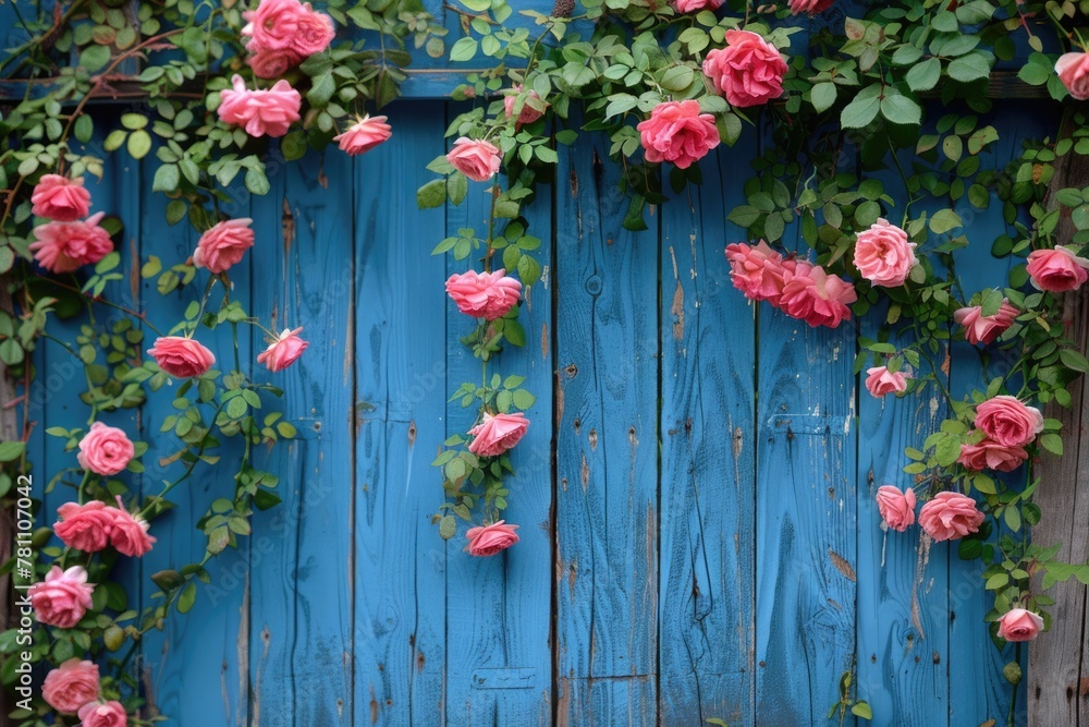 Fototapeta premium Roses Climbing a Blue Wooden Gate in Garden - A Beautiful Display of Pink Roses with Green Leaves on a Wooden Gate in Garden