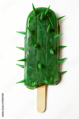 A green cactus on popsicle stick, white background. Creative cactus ice cream on a white background.