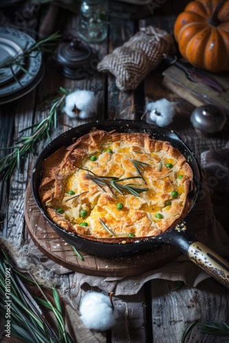 Skillet Chicken and Squash Pie with Rosemary Pastry Crust. A Hearty and Delicious One-Pot Meal with Tender Chicken, Sweet Squash, and Peas