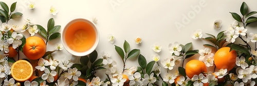 Top view of a cup of tea, slices of oranges, aromatic herbs and spring flowers. Flat layout. Aesthetics of nutrition.