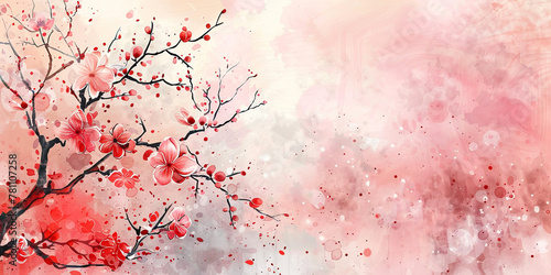 Japanese style watercolor spring red floral background. Asian abstract banner.