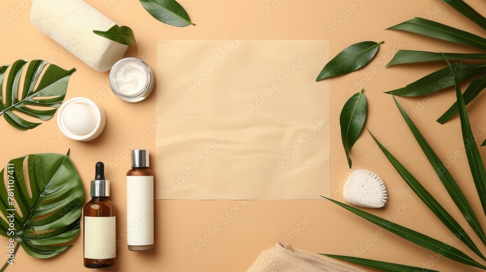 Skin care, beauty concept. Natural skin care products, bottles, cotton pads and sponges on beige background. Free space for text.