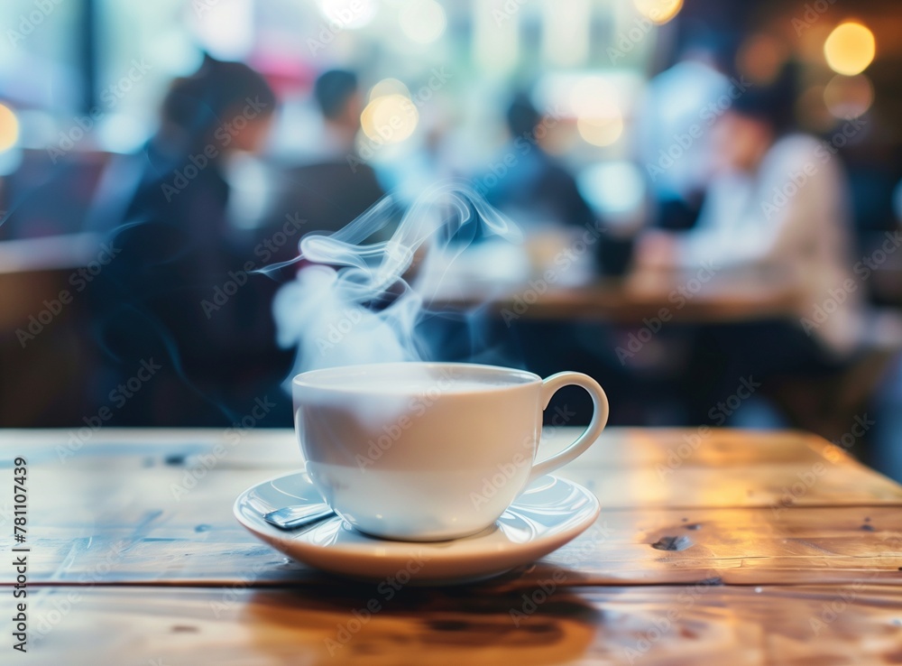 A steaming cup of coffee on a table in a cafe with a blurred background of people, focused on a white mug and steam, stock photo with space for text. A steaming cup of coffee on a table in a cafe with a blurred background of people, focused on a white mug and steam, stock photo with space for text.