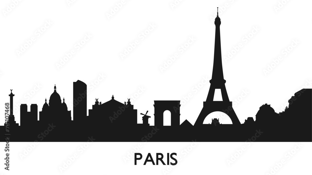 Silhouette of Paris attractions with Eiffel Tower. Vector travel illustration 