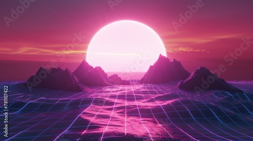 Synthwave Delight. A Retro 80's Futuristic Landscape with Sun and Retro Colours - 3D Render Illustration