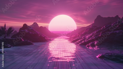 Synthwave Landscape with Retro Futuristic Wireframe Grid - 3D Render in Purple and 80's Style photo