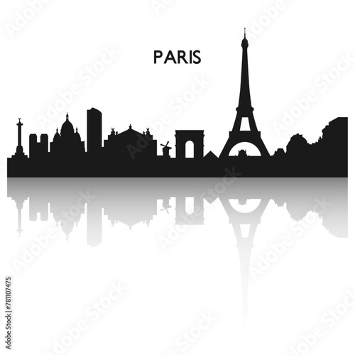 Paris city skyline in black. Vector silhouette of famous places with reflection