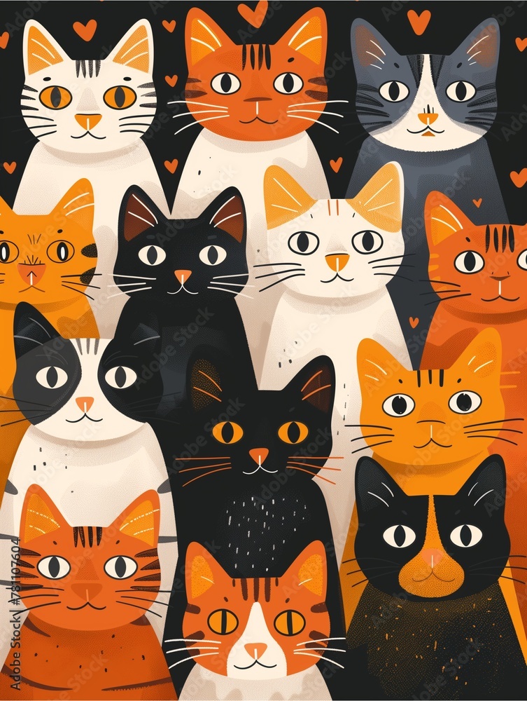 Ensemble of endearing cartoon kitties, boasting diverse colors and shapes, portrayed in portraits using straightforward, flat style illustrations.