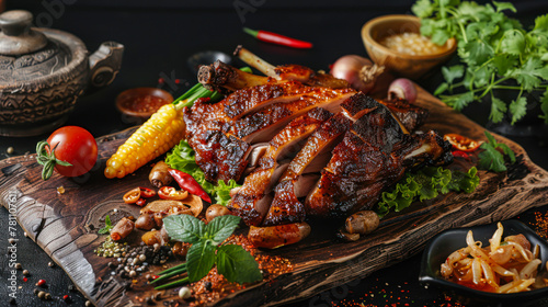 Traditional roasted Peking duck with herbs and sauce. Baked duck breast with aromatic herbs and spices on a wooden board on dark background. Restaurant menu, recipe. Baked chicken with vegetables