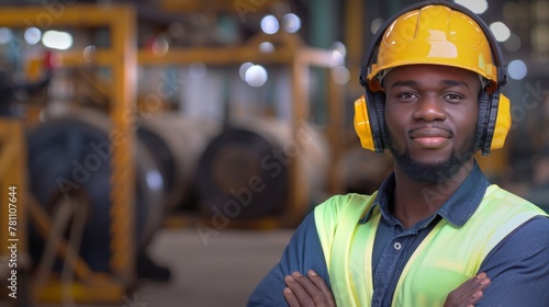 Portrait of cheerful black worker wearing protective headphones posing looking at camera and enjoying work at background factory © JovialFox