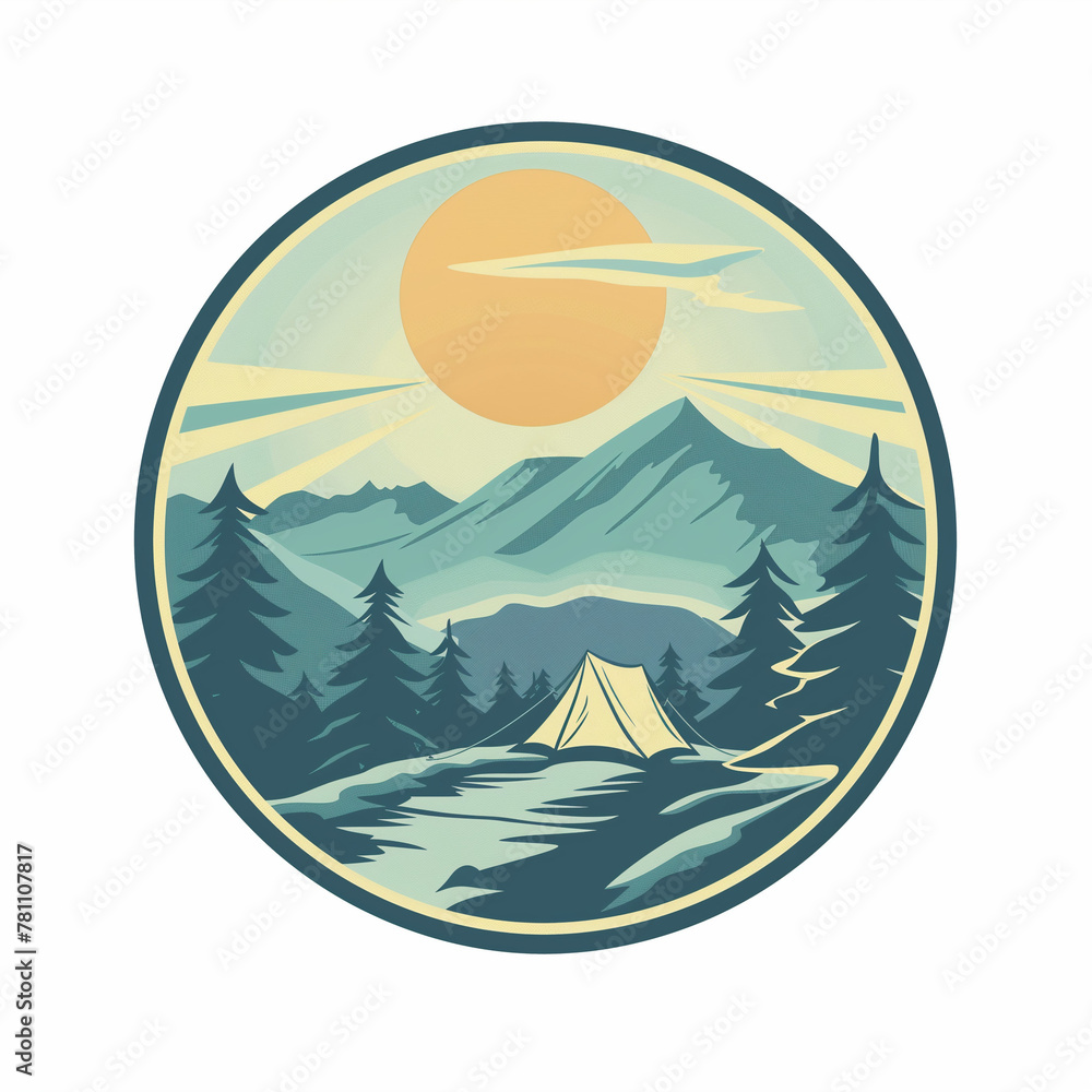 Camping Under Moonrise, Vintage Style, Mountain Wilderness Emblem