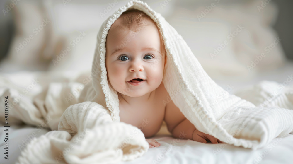 Cute happy laughing baby boy in soft blanket after bath playing on white bed. Adorable smiling little infant peeking out from under white blanket. Baby card, banner, care, health, products, clothing Cute happy laughing baby boy in soft blanket after bath playing on white bed. Adorable smiling little infant peeking out from under white blanket. Baby card, banner, care, health, products, clothing