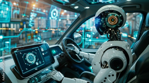 Robot in Drivers Seat of Car Dashboard