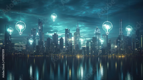 A futuristic city skyline with virtual lightbulbs illuminating the night sky  representing a hub of creativity and innovation.