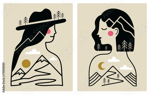 Vector illustration set with long and short hair women, mountains, abstract elements, pine trees. Nature lovers travel female poster, home decoration print design © julymilks