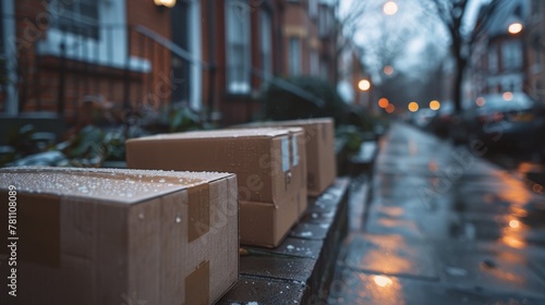 Parcels on a doorstep in the warm glow of a sunset, waiting to be received. Home delivery