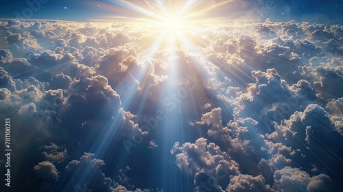 God light in heaven symbolizing divine presence, truth, spiritual illumination, God love and grace. Light beams blessing world with heavenly light