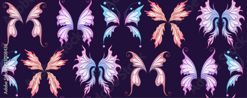Vector seamless neon pattern with butterfly wings on a purple background. Magic texture with fairy wings for fabrics and wallpapers