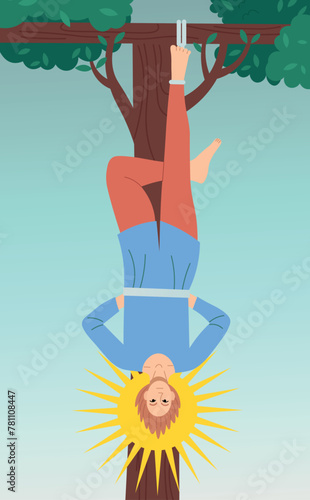 Major Arcana tarot card design. Hand drawn cartoon flat style.THE HANGED MAN