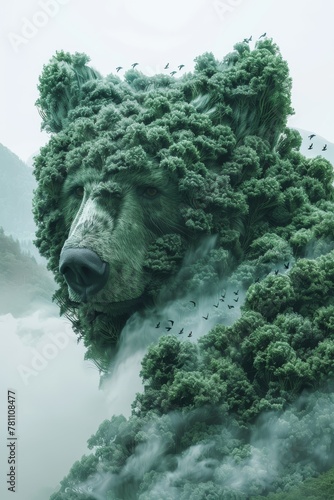 a bear mountain hosting birds amid green tree forest fur