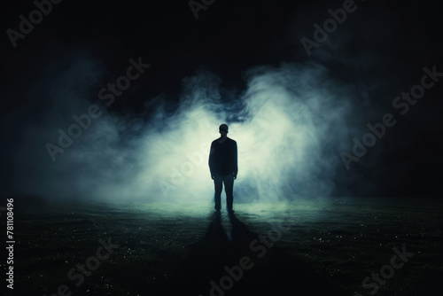 A shadowy figure backlit by a paranormal glow, creating a chilling silhouette against a foreboding background.