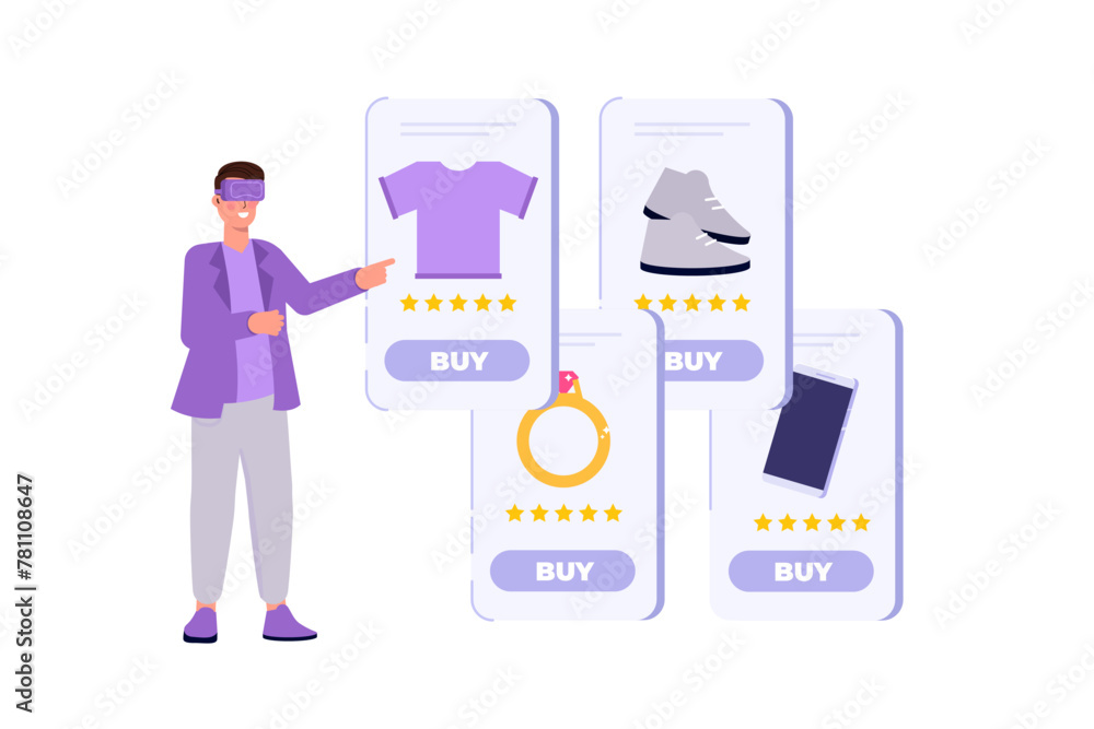 Virtual Reality Shopping, Vr in marketing, augmented vr concept. Vector illustration. Virtual Reality Shopping, Vr in marketing, augmented vr concept. Vector illustration.