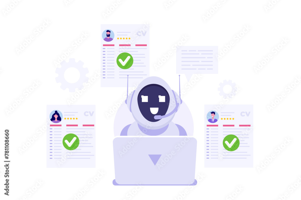 Obraz premium HR AI, robots scanning CV for searching vacancy candidates. Flat Vector illustration.