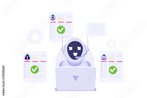 HR AI, robots scanning CV for searching vacancy candidates. Flat Vector illustration.