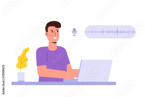 Voice search concept. Character speaking on microphone. Flat Vector illustration.