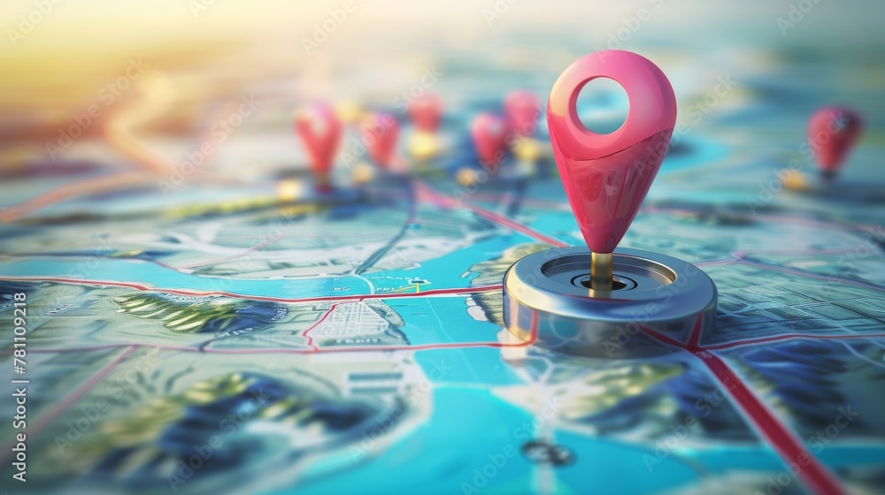 Location marking with a pin on a map with routes. Find your way. Adventure, discovery, navigation, communication, logistics, geography, transport and travel theme concept background. Location marking with a pin on a map with routes. Find your way. Adventure, discovery, navigation, communication, logistics, geography, transport and travel theme concept background.