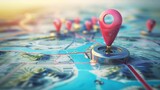 Location marking with a pin on a map with routes. Find your way. Adventure, discovery, navigation, communication, logistics, geography, transport and travel theme concept background.