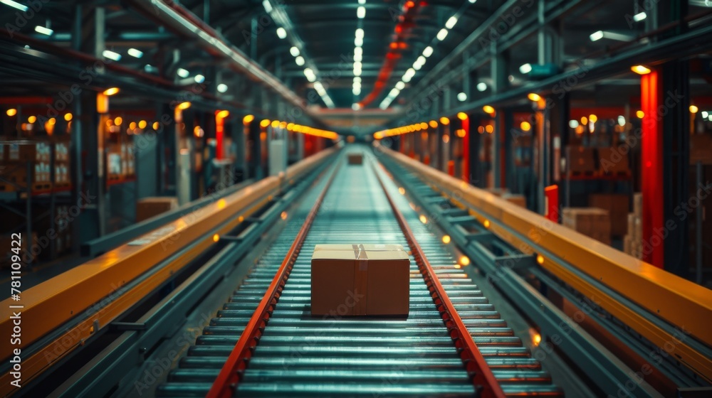 Packages swiftly moving on a conveyor system in a modern distribution warehouse.