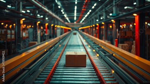Packages swiftly moving on a conveyor system in a modern distribution warehouse. © victoriazarubina
