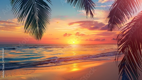 Romantic sunset on palm beach summer holiday design. copy space for text.