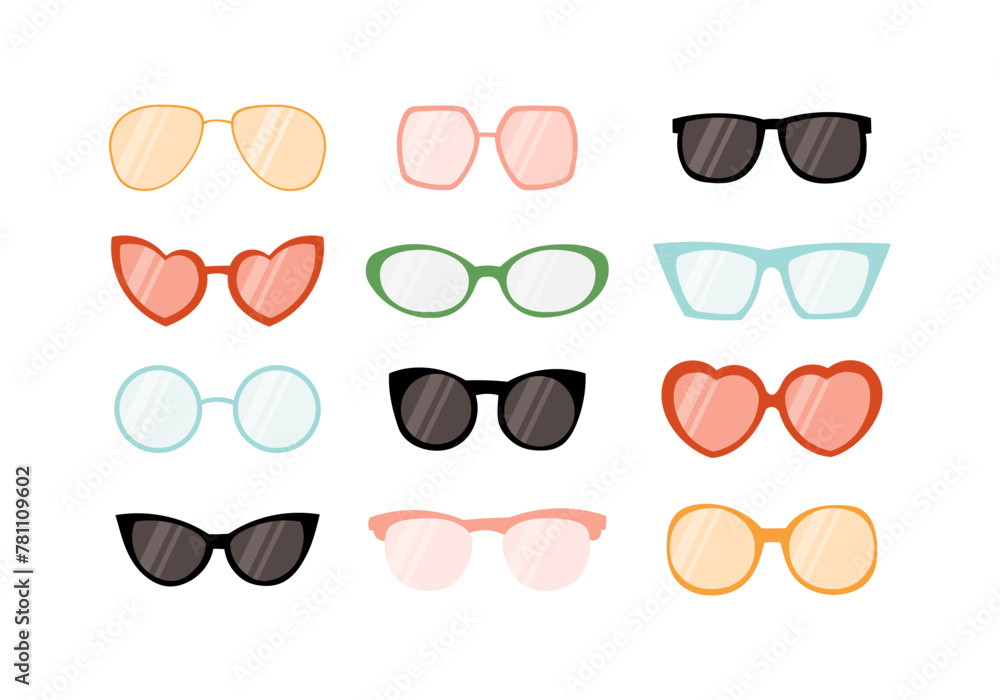 Sunglasses set vector isolated hand drawn flat illustration. Different shapes and colors of glasses. Sunglasses set vector isolated hand drawn flat illustration. Different shapes and colors of glasses.