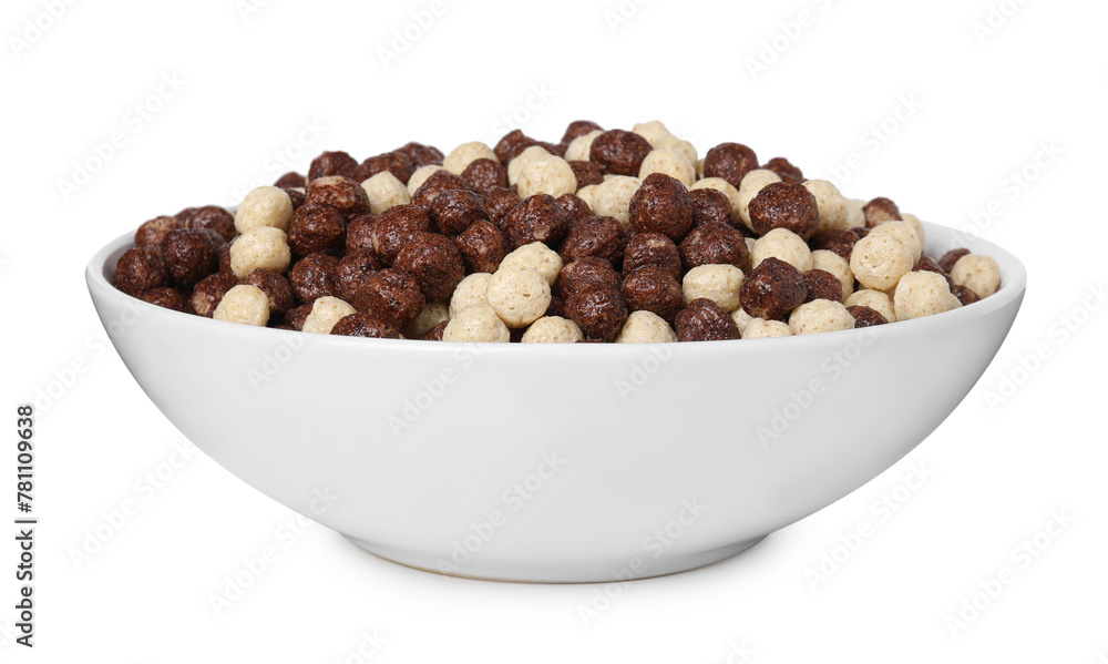 Tasty sweet cereal balls in bowl isolated on white Tasty sweet cereal balls in bowl isolated on white
