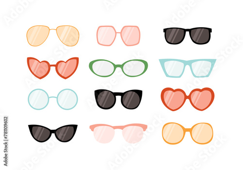 Sunglasses set vector isolated hand drawn flat illustration. Different shapes and colors of glasses.