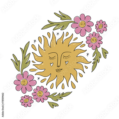 Hippie bohemian groovy funky sun face and flowers in 1960s 1970s boho psychedelic style. Perfect for flash tattoo, T-shirt, music album cover, coloring page, flyer, leaflet and more. Vector