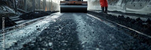 Asphalt Paving with Heavy Machinery on New Road photo